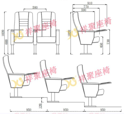 Home Furniture Auditorium Theater Seating Wooden Back Cold Rolled Steel Feet