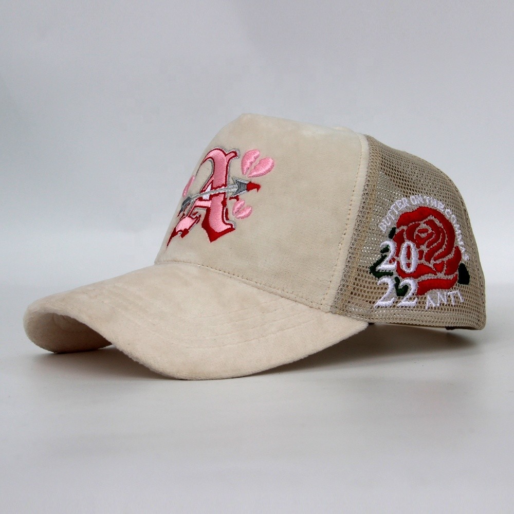 Embroidery Logo 5 Panel Black Mesh Hats Custom Velvet Trucker Cap