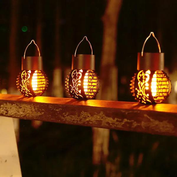 LED Solar Light for Garden Landscape Decoration Metal Iron Hanging Lantern Flame Lamp