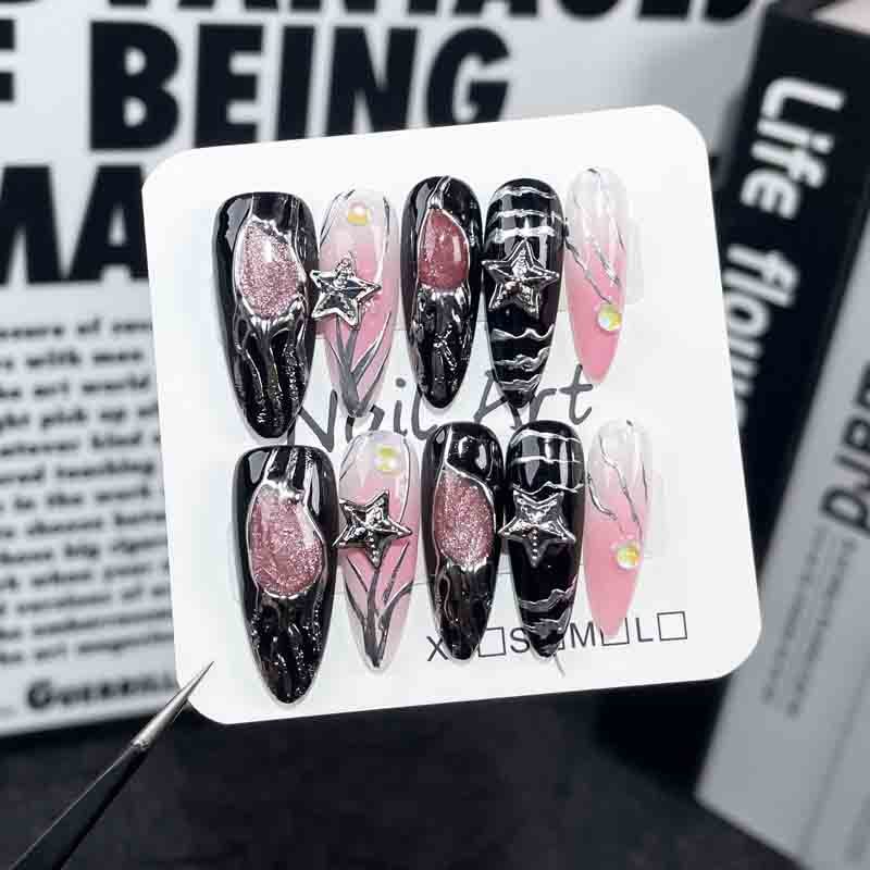 Almond Black Handmade Press On Nails Star Metal Line Glitter Rhinestone Nail Tips