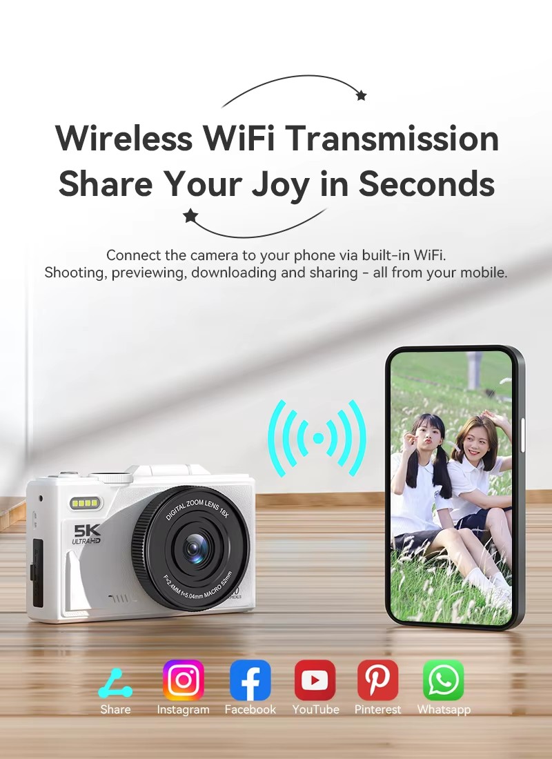 DLC W1 Vlogging Camera 5K 64MP Digital Camera with 180° Flip Screen 18X Zoom Slow Motion Time Lapse for Content Creators