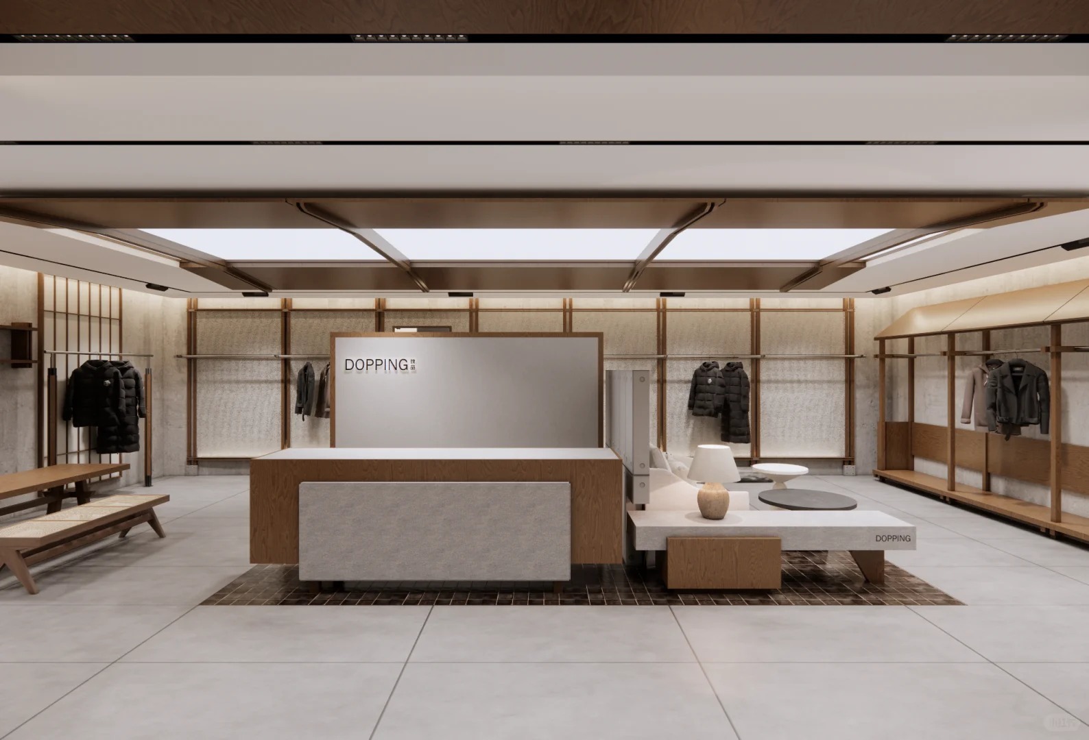 Wabi-Sabi Timber Texture Clothing Store Display Fixture Set with Multi-Zone Functional Partition and Detachable Modular Fixture
