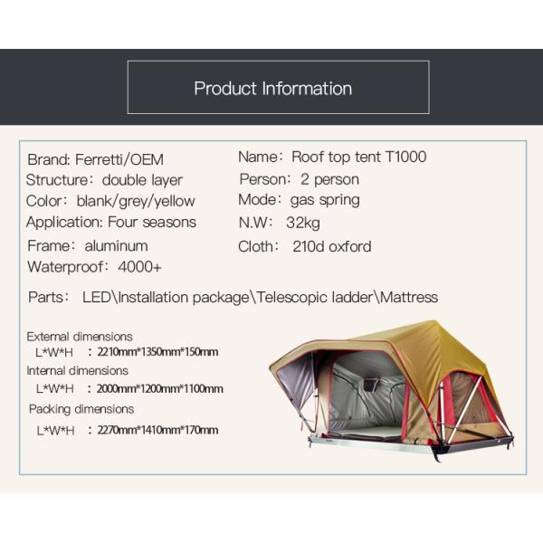 Ultra-thin and Ultra-light One Bedroom Roof Top Tent T1000 for Field Game Enthusiasts
