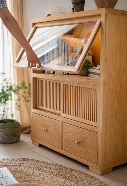 980mm High Hotel Wooden Storage Lockers Nordic Vintage Ash Wood With Glass Door
