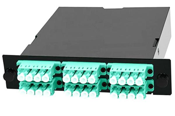 LC Quad Multi Mode 24 Fiber MTP MPO Cassettes 6 Ports Fully Loaded Aqua Blue