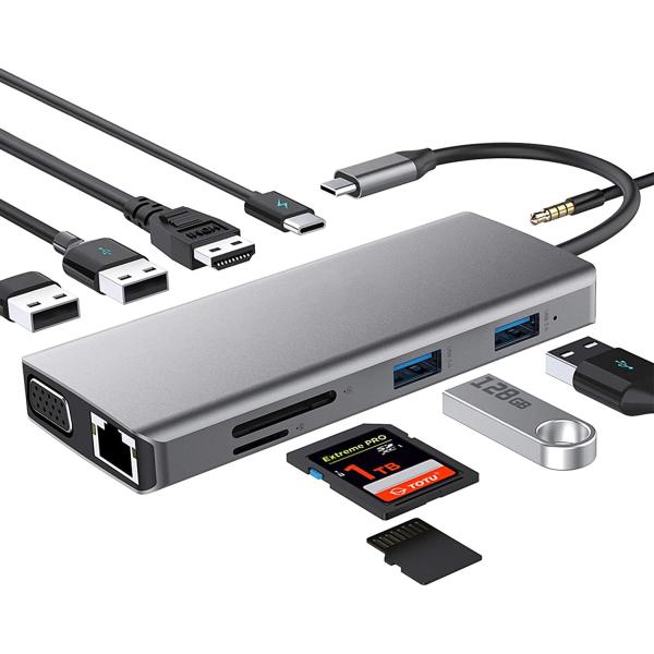 11 в 1 многопортовый USB C USB-C Type-C PD 4K HDTV Hub Adapter Docking Station с RJ45