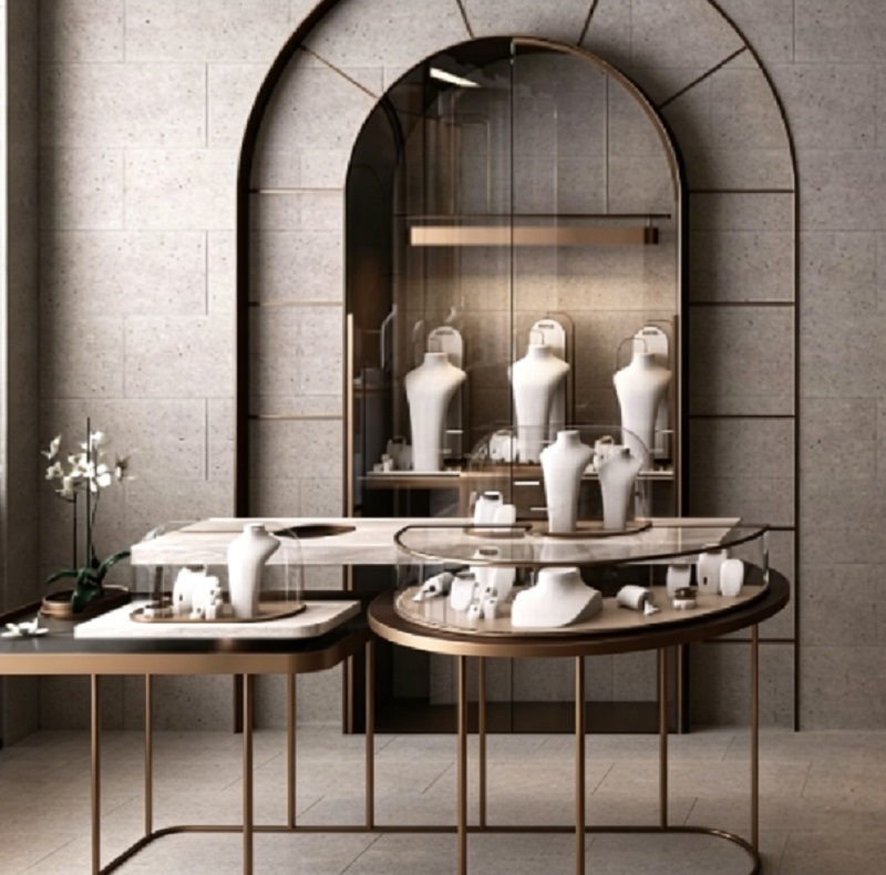 Modern Luxury Jewelry Showcase with Champagne Gold & Marble Finish, Integrated LED Lighting, and Customizable Design