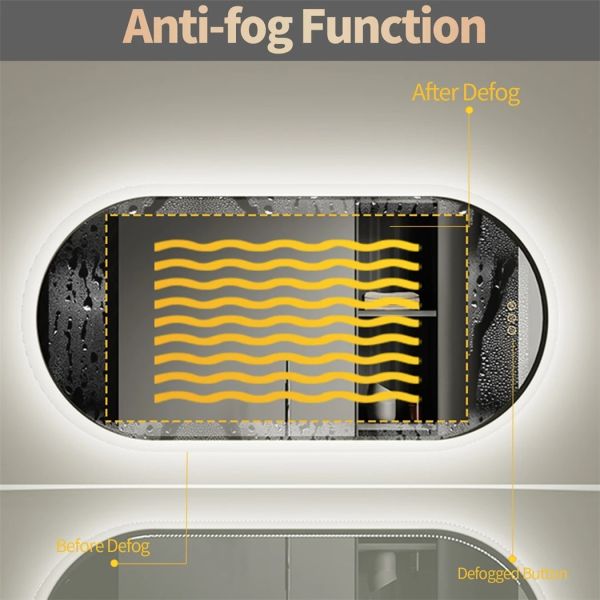 Dimmable 3 Colors Anti-Fog Light Memory IP65 CRI95 Large Wall Mounted Oval Mirror with lamp(WH-MR-102)
