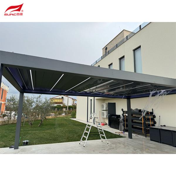 Pergola de alumínio inteligente motorizada com vara redonda de alumínio para jardim de piscina