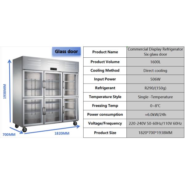 Glass Door Commercial Display Refrigerator 6 Door Refrigerator Freezer Adjustable