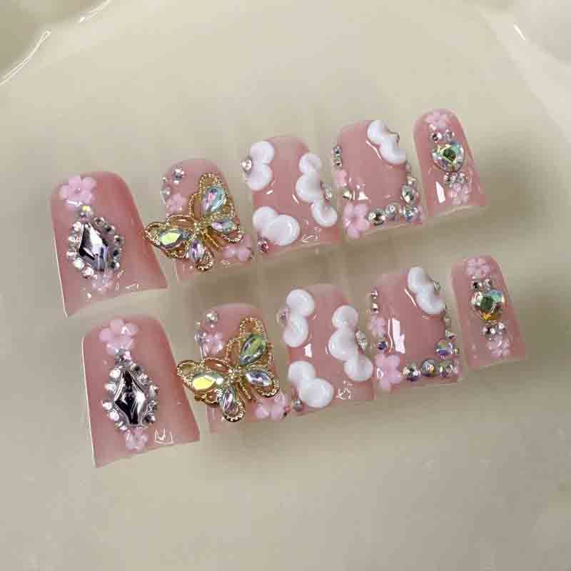 Handmade Press On Nails Medium Duck Pink 3D Flower Wholesale Nail Tips