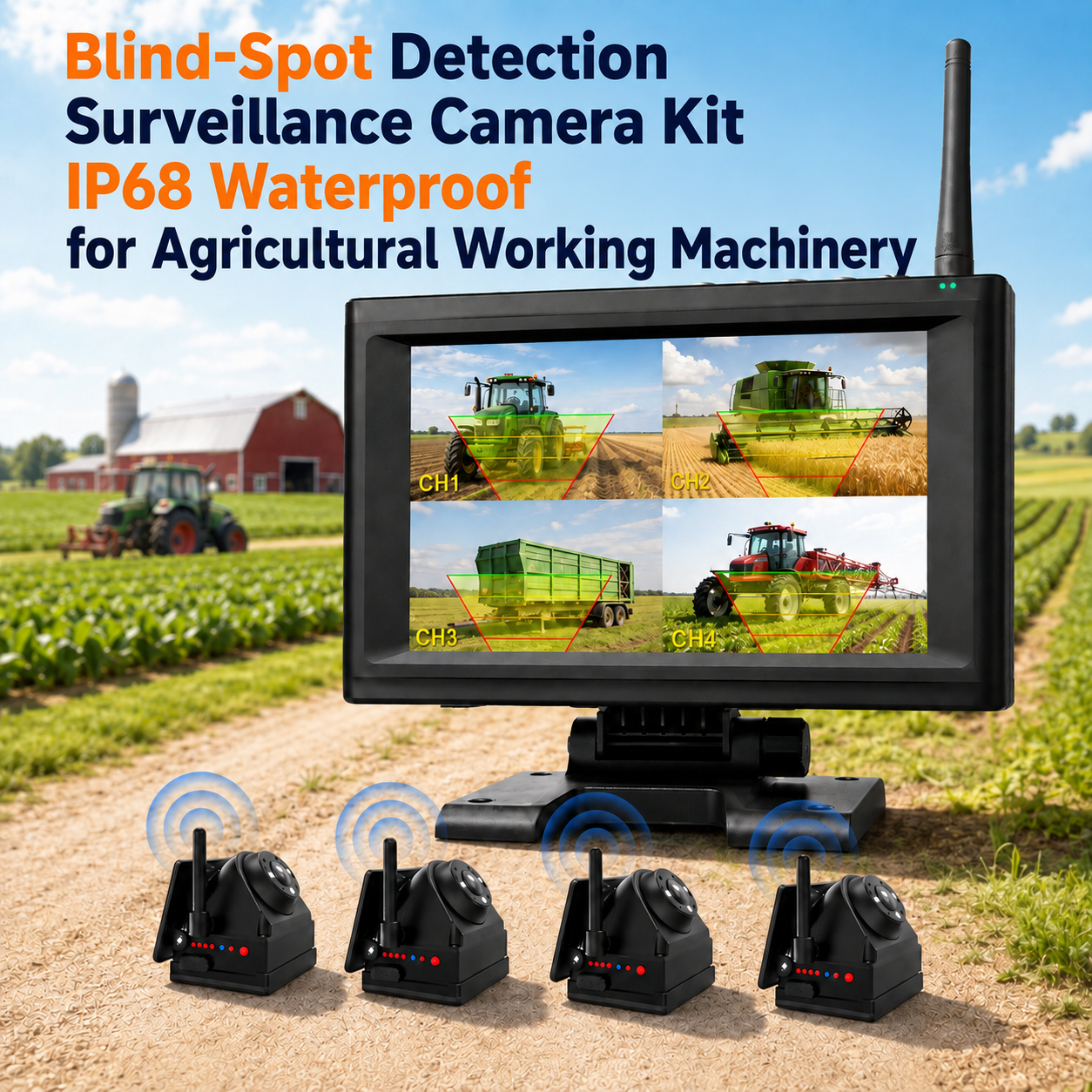 Plug and Play 1 - 4CH 720P Wireless Magnetic Camera System 7 Monitor BSD Alarm Rechargeable  for Truck RV Trailer Farm Machinery