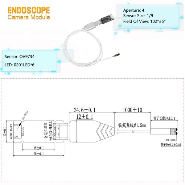 Industrial OmniVision OV9734 CMOS Color USB Endoscope Camera Module
