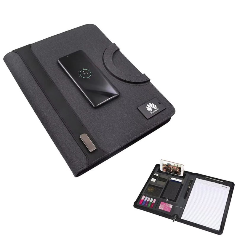 Multifunctional Business Portfolio Folder A4 Leather Notebook LED USB Wireless Charging