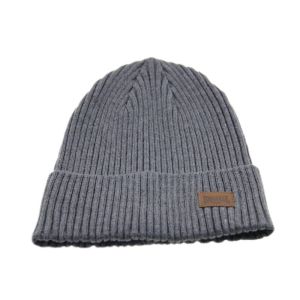 Customizable Grey Knit Cuffed Beanie Hat With Leather Patch Logo