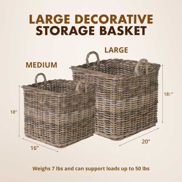 Large Square Rattan Basket, Handmade, Living Room, Blankets, Toy Bin, Extra Storage, Decorative Storage, Laundry Basket, Linens, Gray & Brown, Large