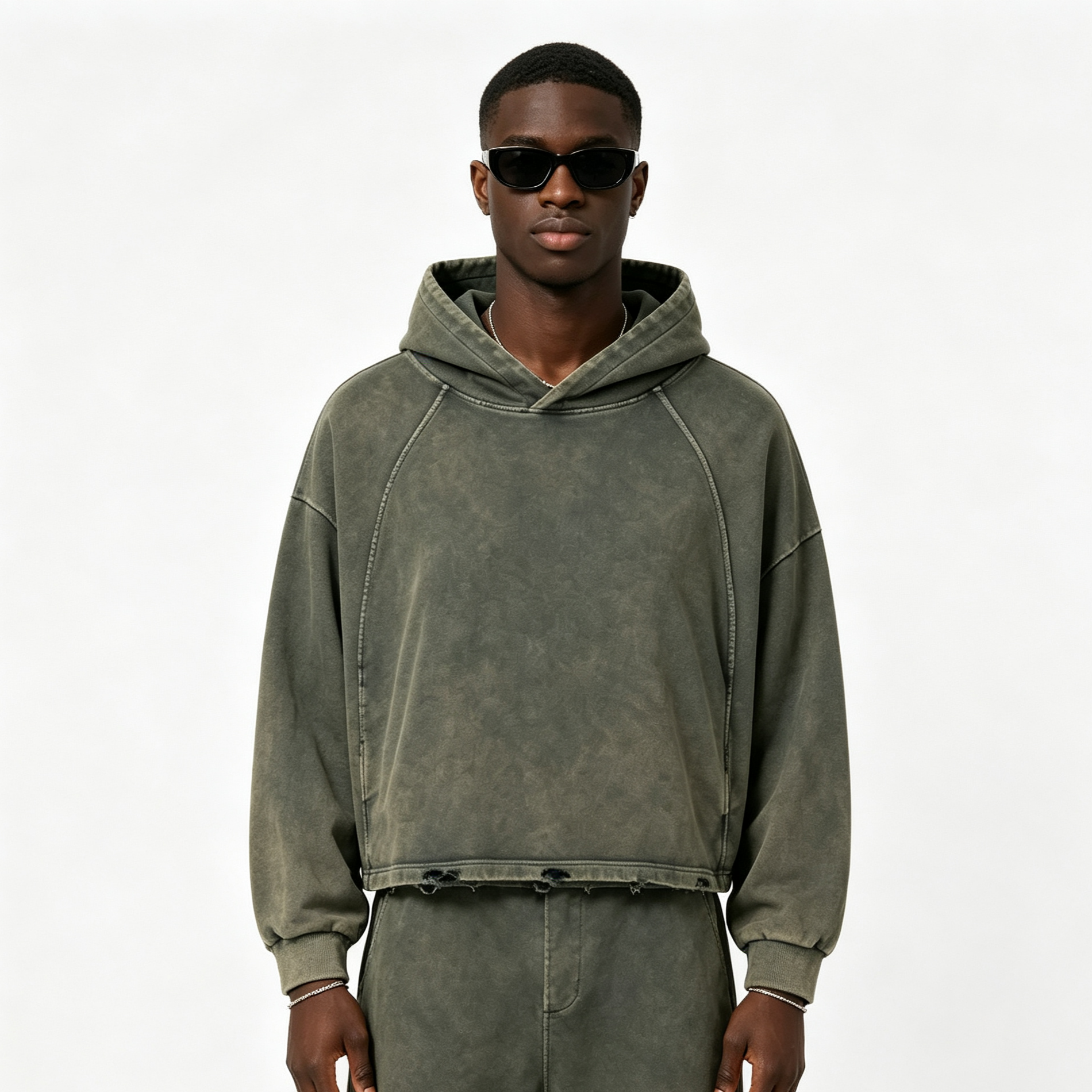Men’s Wax-Dyed Cropped Hoodie 340G Oversized Streetwear Distressed Sweatshirt