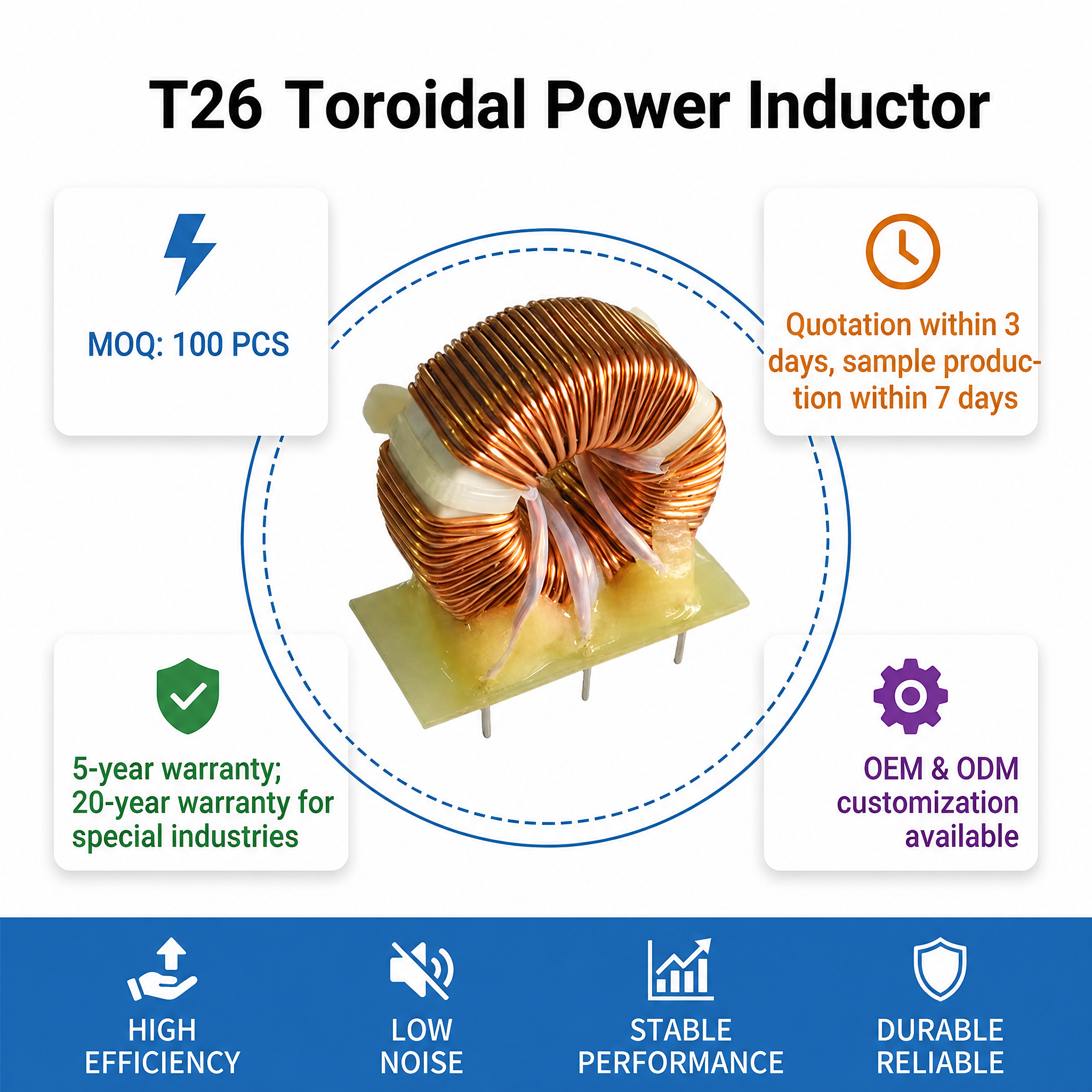 T26 High Current Pure Copper Toroidal Inductor Vertical PCB Mount Stable