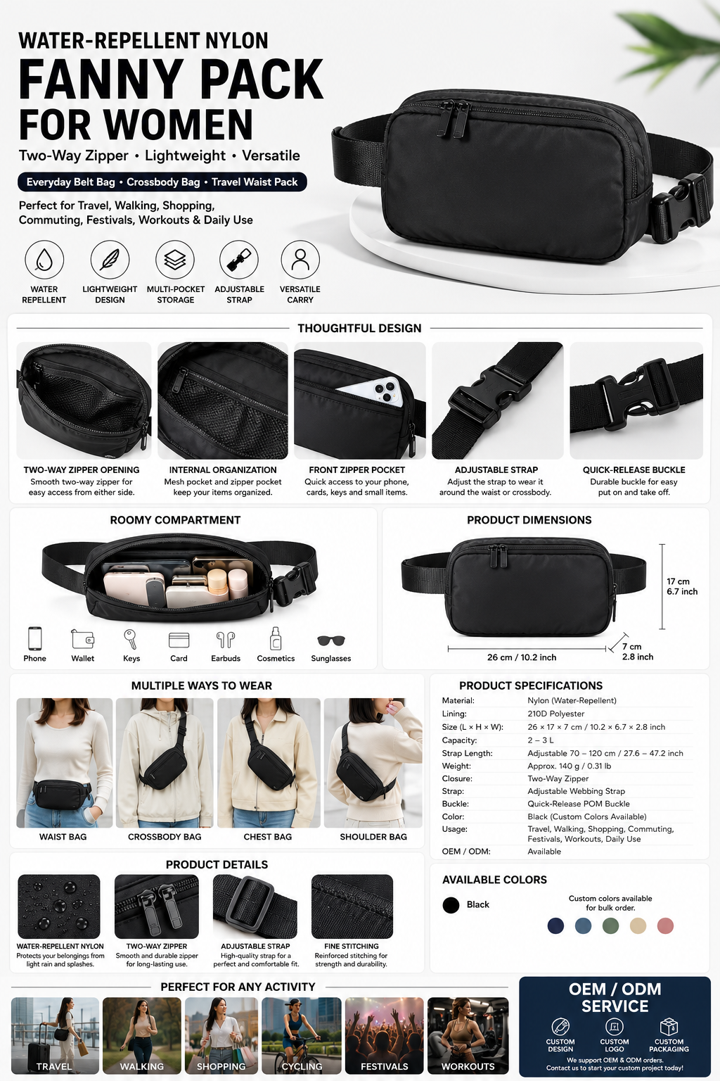 Water-Repellent Nylon Fanny Pack for Women, Two-Way Zipper Crossbody Belt Bag with Adjustable Strap for Travel, Walking, Shopping & Everyday Use