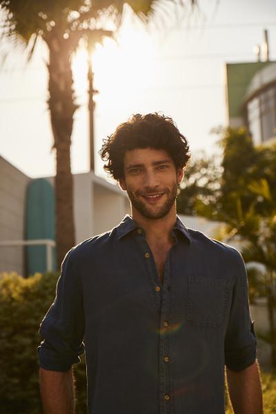 Linen Dark Blue Men Shirt Garment Dyed Loose Long Sleeves