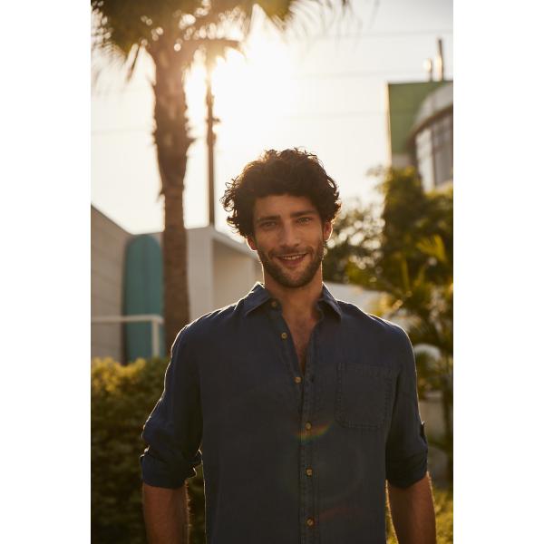 Linen Dark Blue Men Shirt Garment Dyed Loose Long Sleeves