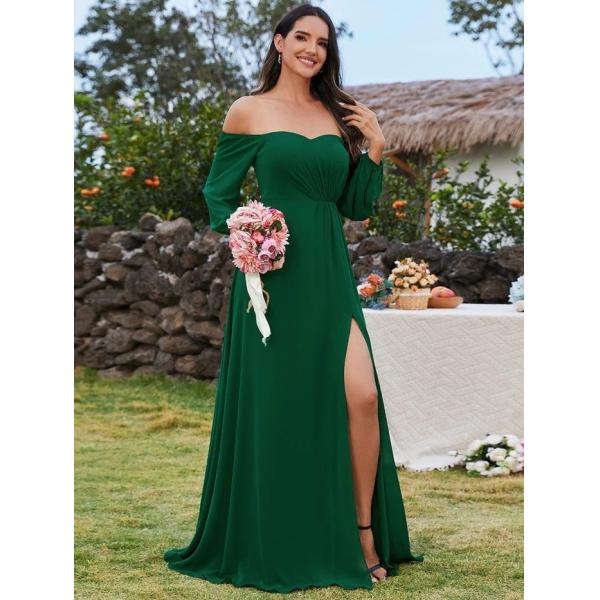 Plus Size Ruffled Long Sleeve High Slit Off-shoulder High Slit Dark Green Chiffon Graduation Dress