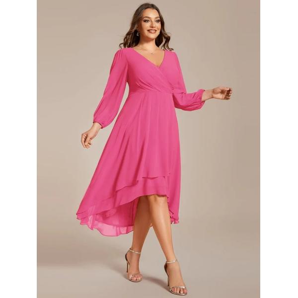 Plus Size Ruffled A-line Long Sleeve V-neck High Low Wedding Guest Navy Blue Chiffon Bridesmaid Dress