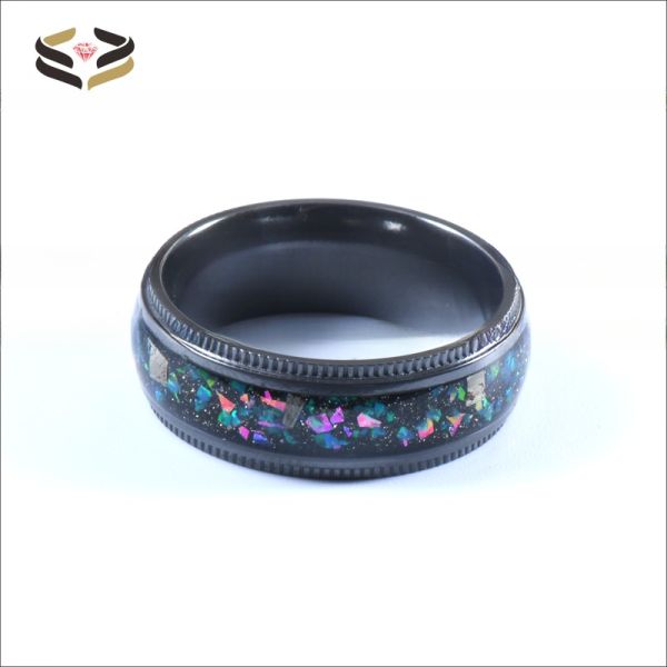 High Polished Black Zirconium 8mm Ring featuring Meteorite Inlay and Galaxy Opal Shaving for Other Religious Type