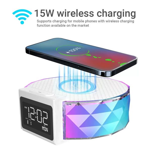 RGB Bedside Night Light 10W Smart Bluetooth Speaker Wireless Charging Lamp Clock Mobile Dock