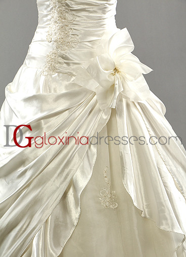 2013 A-line off-the-shoulder train pleated beaded lace satin ivory bridal dresses BDGD1003