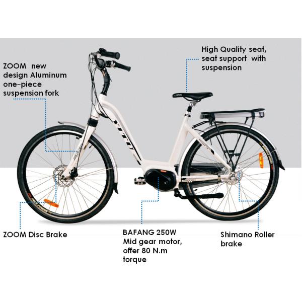 White 36V 250W Electric Urban Bike , 700C Electric Town Bikes Middle Motor