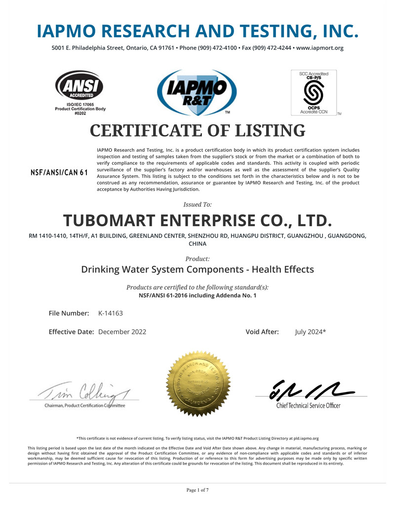 TUBOMART ENTERPRISE CO., LTD. Сертификации