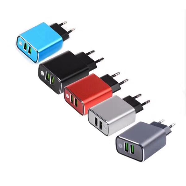 Black / red / silver gray / aluminum alloy 2-port travel charger,DC100-240V, high efficiency IC, fast charging, 110-240V