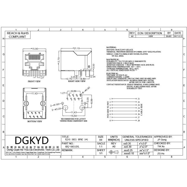 KRJ-5921SNL Pcb Mountable shielded rj45 connector 1x1 / 1x2 / 2x2 port