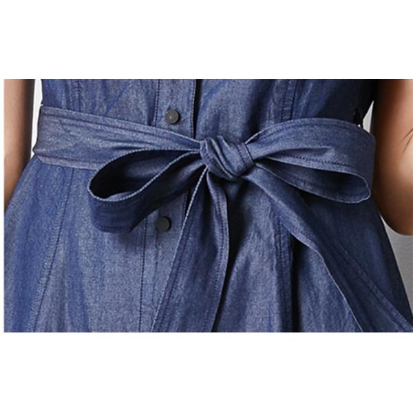 Sleeveless Bow Tie Denim Dress Ladies Eleglant Wide Hem Long Belted Skirt