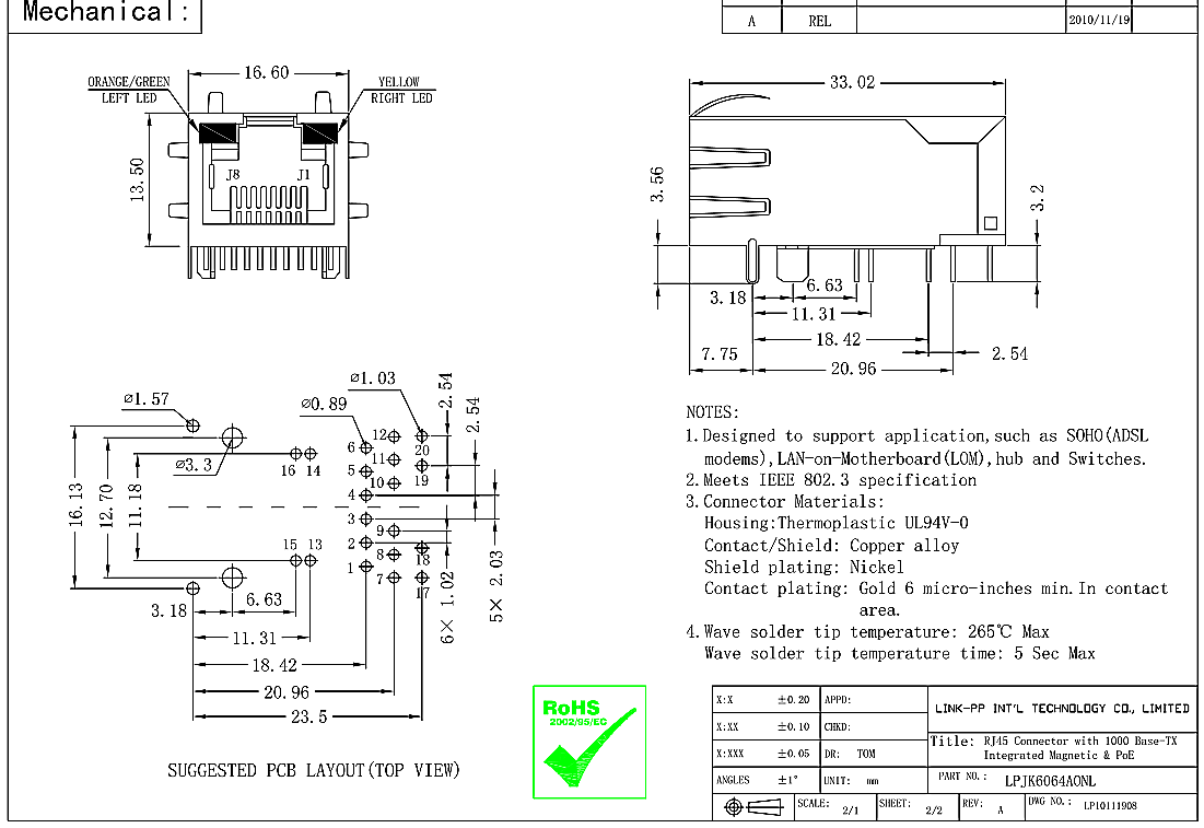 Основание-TX 1000 POE 08261X1TGH-F удлиняет Temp с интегрированным magnetics