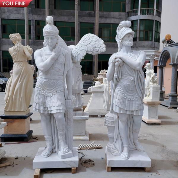 Outdoor Garden Ancient Marble Roman Statues Full Size Soldier Sculpture with Shield