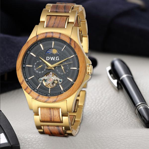Наручные часы автоматических людей деревянного золота нержавеющей стали 18k делают водостойким