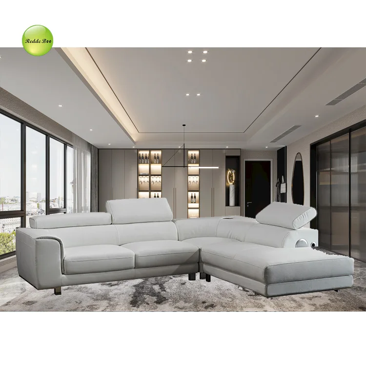 White Leather L - Shaped Sofa with Adjustable Headrests: Custom Comfort for Urban Living