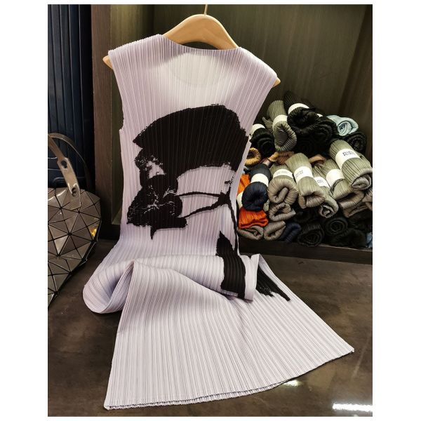 High-End Pleated Floral Dress Loose Slim Ladylike Elegant Sleeveless Round Neck Versatile Floor-Length Long Skirt