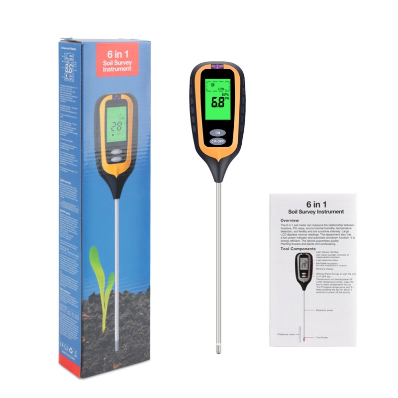 6-in-1 Soil PH Meter Garden Soil PH / Fertility / Moisture / Light / Air Humidity / Temp Multi Functional Soil Testing Tool