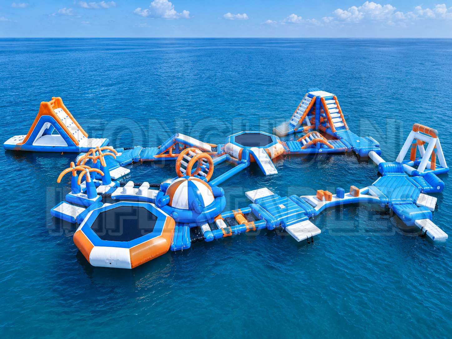 Large Inflatable Ocean Adventure Park with Modular Slides Trampolines Climbing Elements and Activity Zones for Beaches Hotels and Water Recreation Businesses