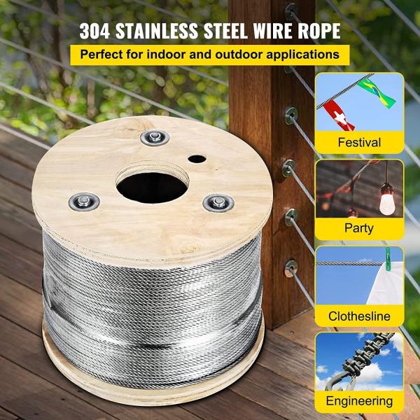 500 Ft Stainless Steel Cable T304 Wire Rope Stranded 3/16 Inch 7x19 Aircraft Cable Reel for Industrial Applications