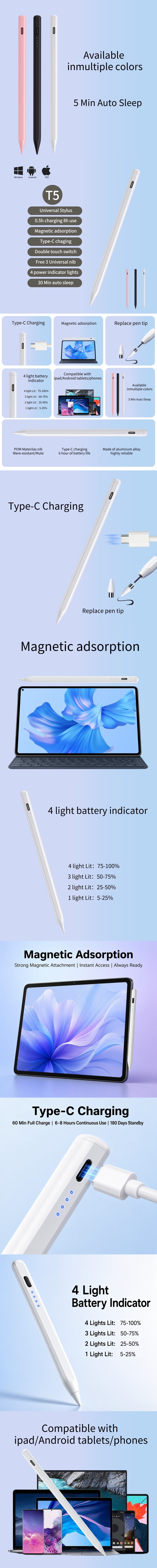 OEM Stylus Type-C Rechargeable 90mAh Replaceable POM Nib 4 LED 165mm Aluminum White iPad Bulk Factory Direct Supply