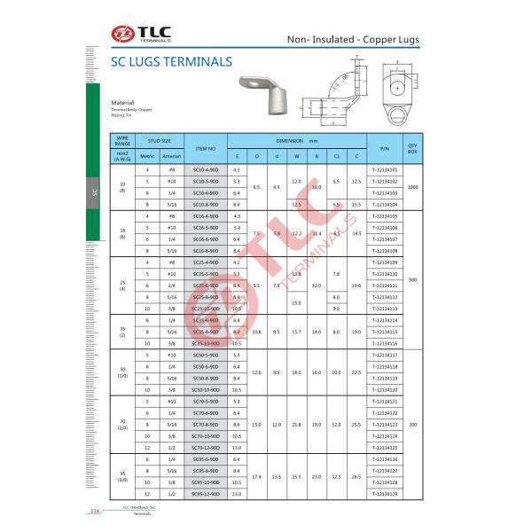10-95mm2 Tin Plated Copper Terminal Lug 90D Cable Lug Tubular Type