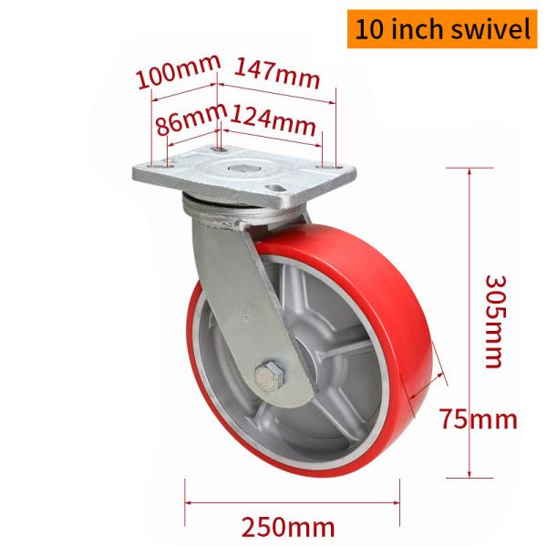 EDL 10 Inch Extra Heavy Duty TPU Caster Plate 1500kg Load Rigid Swivel Brake Type 9310-86A