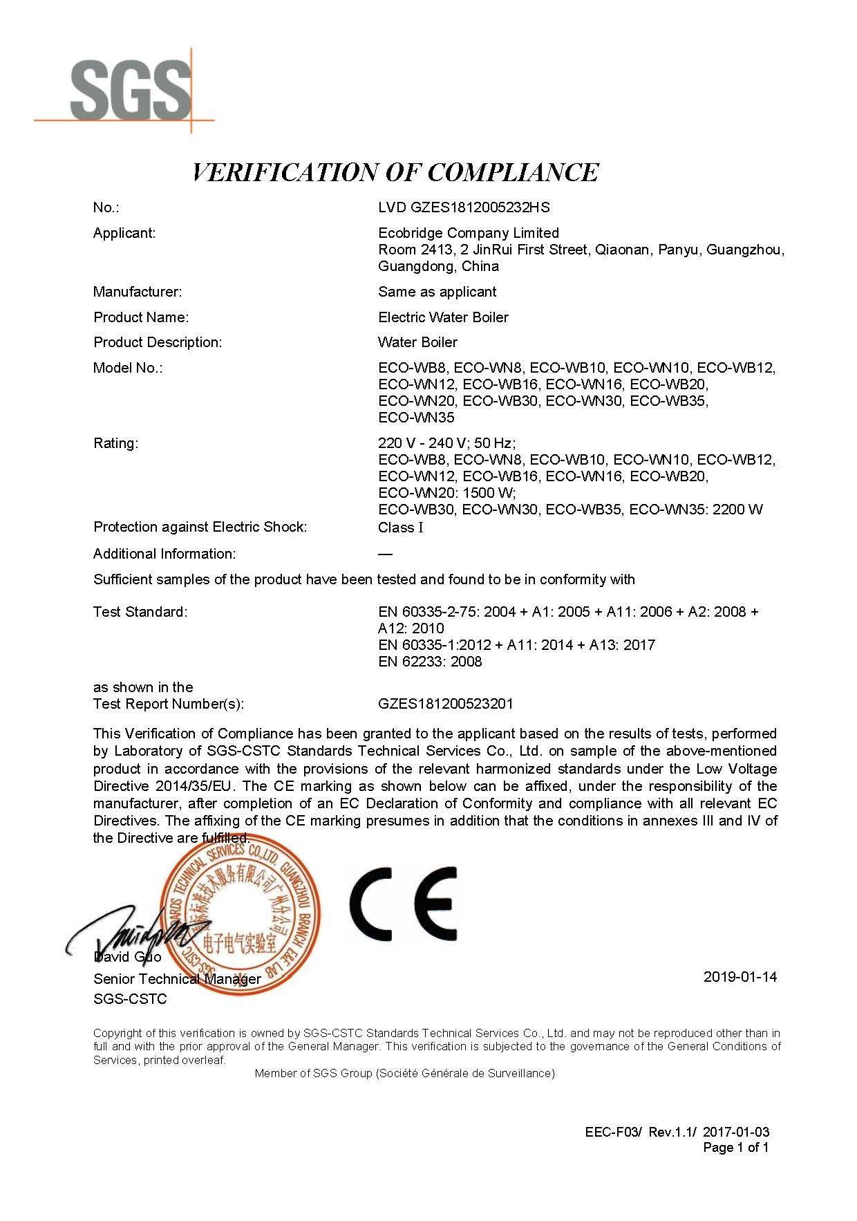 ECOBRIDGE COMPANY LIMITED Certifications
