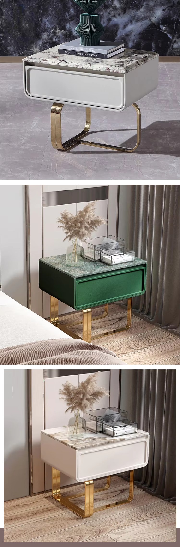 Modern Minimalist Grey Bedside Table with White Marble Top - Curved Metal Base Bedroom Nightstand