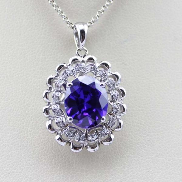 925 Silver 9mmx11mm Oval Amethyst Cubic Zircon Pendan Silver Chain  Necklace (PSJ0178)