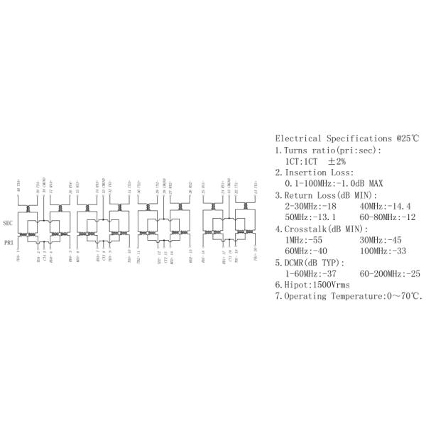 Трансформатор порта квада XTFZ-M-3007A-MOA 10/100Base-T SMD, XTFZ-M - 3007 a. c. - MOA